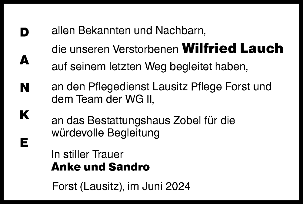  Traueranzeige für Wilfried Lauch vom 15.06.2024 aus Lausitzer Rundschau