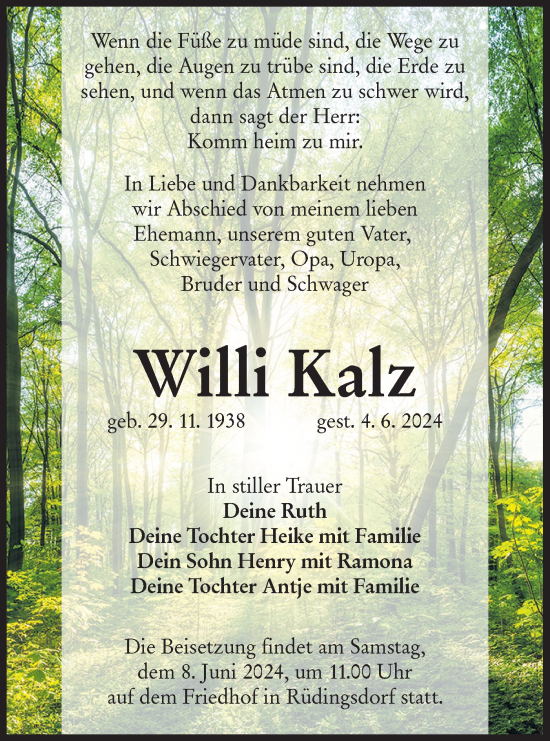 Traueranzeige von Willi Kalz von Lausitzer Rundschau