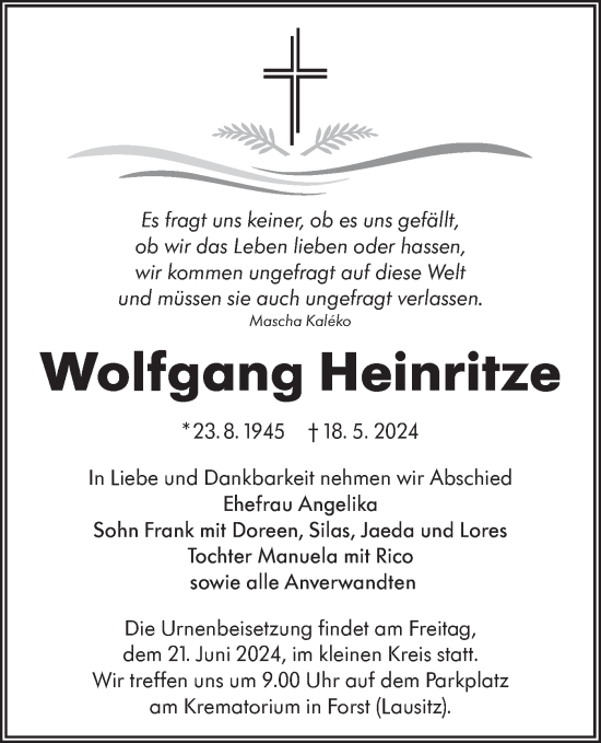 Traueranzeige von Wolfgang Heinritze von Lausitzer Rundschau