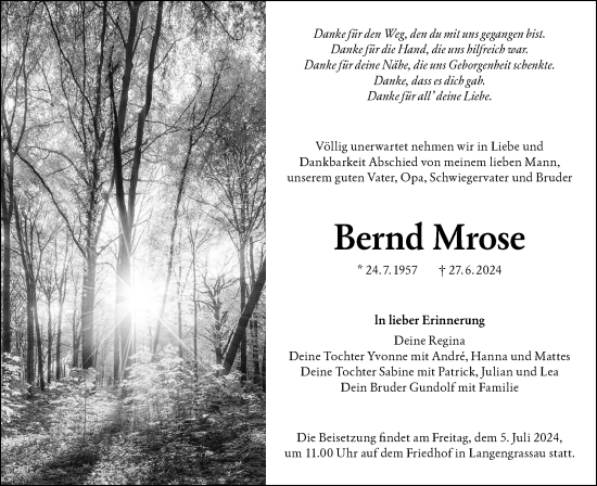 Traueranzeige von Bernd Mrose von Lausitzer Rundschau