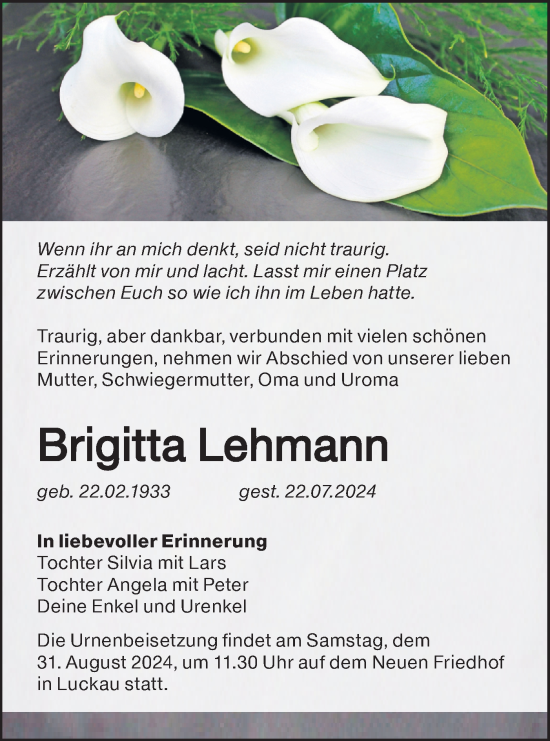 Traueranzeige von Brigitta Lehmann von Lausitzer Rundschau