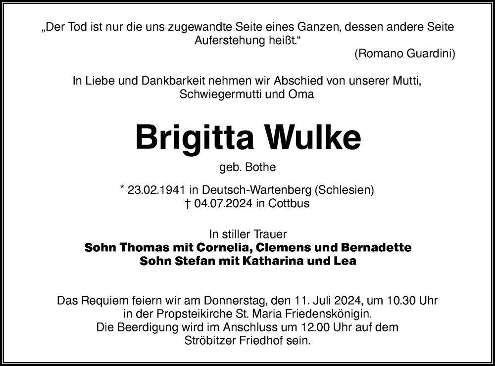  Traueranzeige für Brigitta Wulke vom 08.07.2024 aus Lausitzer Rundschau