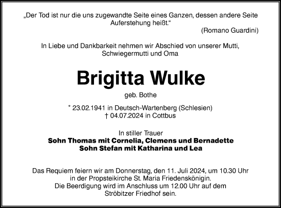 Traueranzeige von Brigitta Wulke von Lausitzer Rundschau