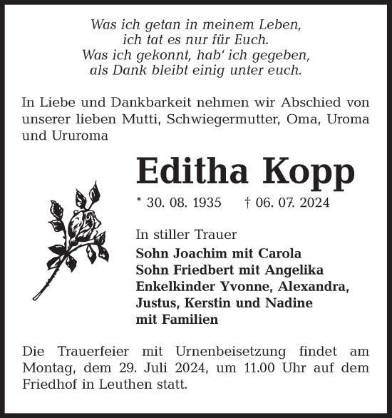 Traueranzeige von Editha Kopp von Lausitzer Rundschau