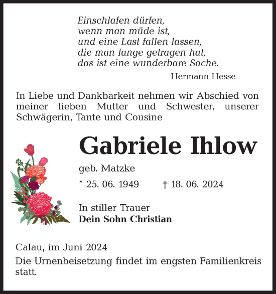 Traueranzeige von Gabriele Ihlow von Lausitzer Rundschau