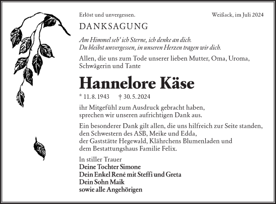 Traueranzeige von Hannelore Käse von Lausitzer Rundschau