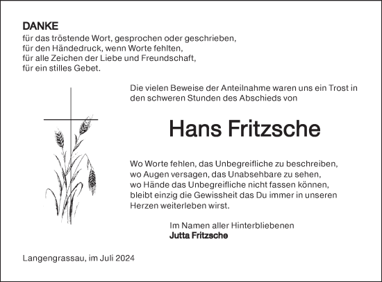 Traueranzeige von Hans Fritzsche von Lausitzer Rundschau
