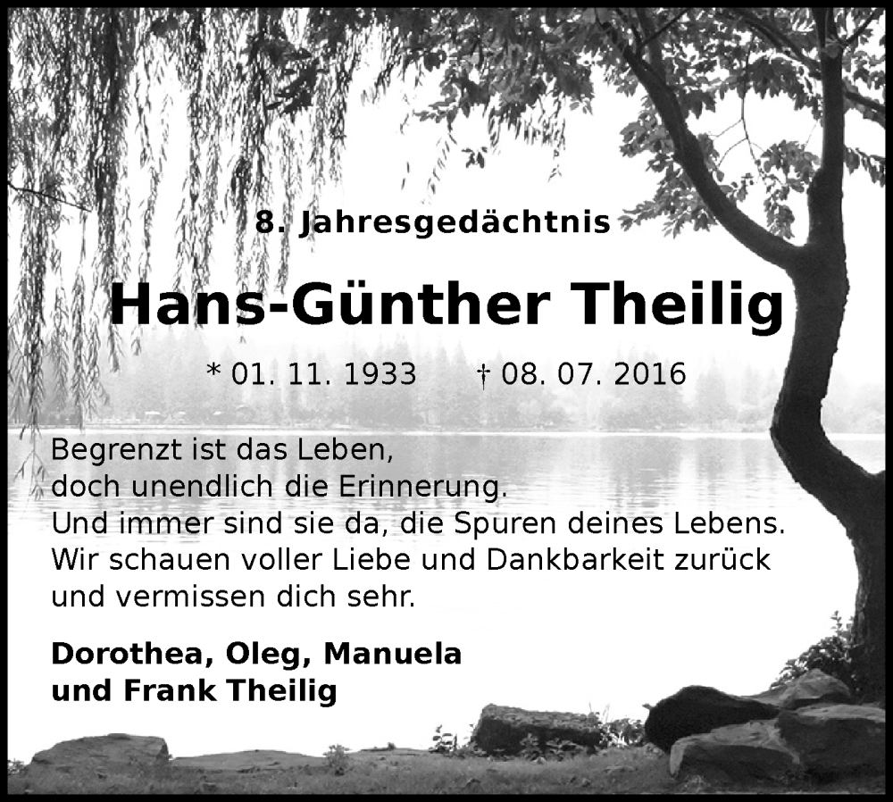  Traueranzeige für Hans-Günther Theilig vom 08.07.2024 aus Lausitzer Rundschau