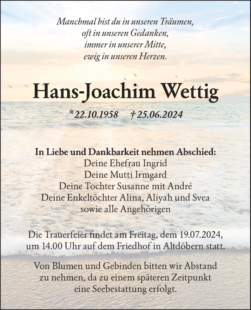  Traueranzeige für Hans Joachim Wettig vom 06.07.2024 aus Lausitzer Rundschau