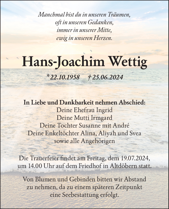 Traueranzeige von Hans Joachim Wettig von Lausitzer Rundschau