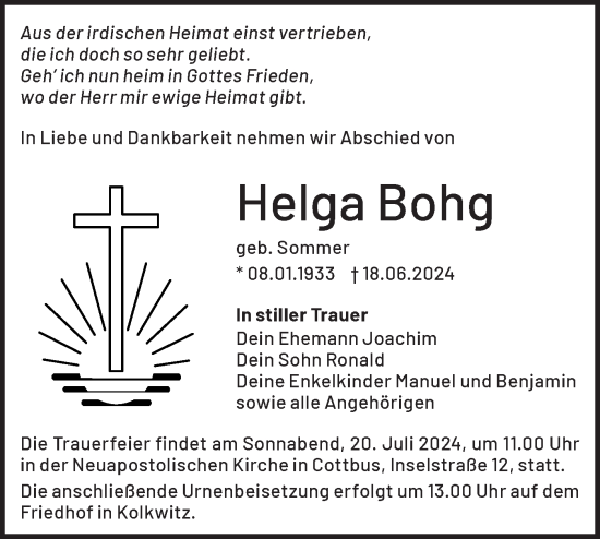 Traueranzeige von Helga Bohg von Lausitzer Rundschau