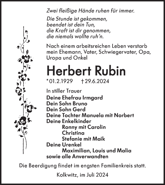Traueranzeige von Herbert Rubin von Lausitzer Rundschau