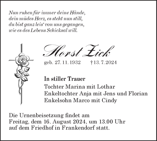 Traueranzeige von Horst Zick von Lausitzer Rundschau