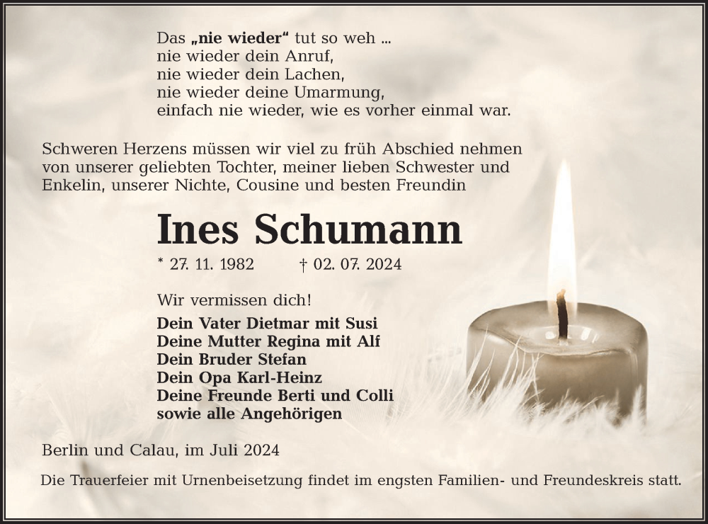  Traueranzeige für Ines Schumann vom 20.07.2024 aus Lausitzer Rundschau