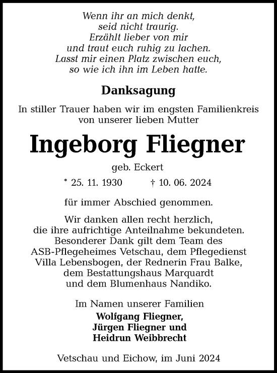 Traueranzeige von Ingeborg Fliegner von Lausitzer Rundschau