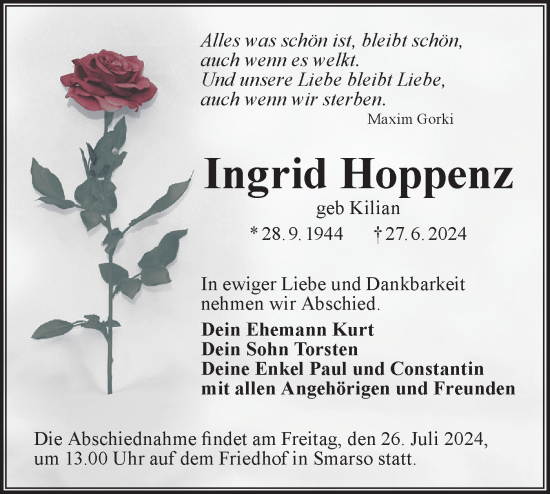 Traueranzeige von Ingrid Hoppenz von Lausitzer Rundschau