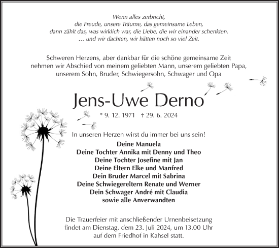 Traueranzeige von Jens-Uwe Derno von Lausitzer Rundschau