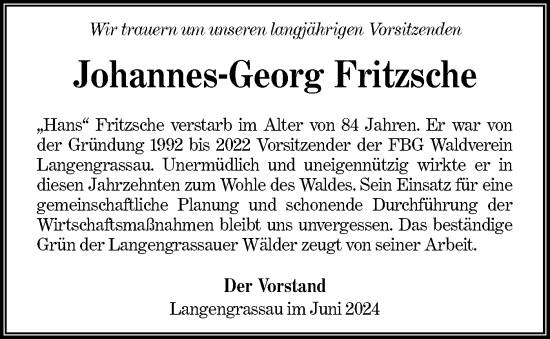 Traueranzeige von Johannes-Georg Fritzsche von Lausitzer Rundschau