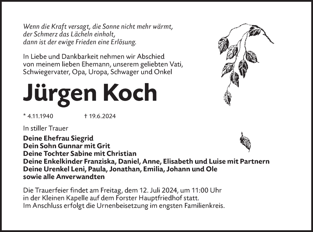  Traueranzeige für Jürgen Koch vom 06.07.2024 aus Lausitzer Rundschau