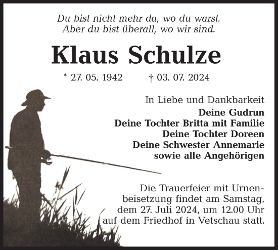 Traueranzeige von Klaus Schulze von Lausitzer Rundschau