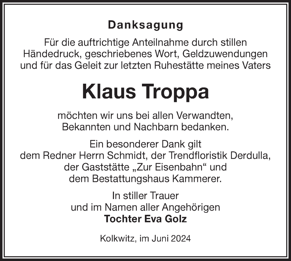  Traueranzeige für Klaus Troppa vom 29.06.2024 aus Lausitzer Rundschau