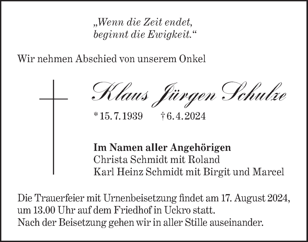  Traueranzeige für Klaus Jürgen Schulze vom 27.07.2024 aus Lausitzer Rundschau