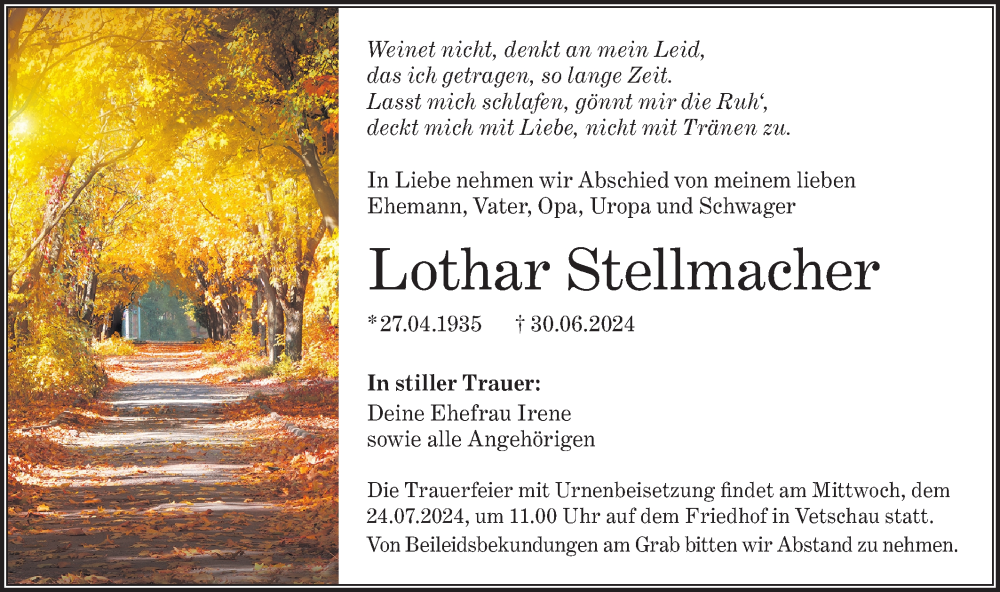  Traueranzeige für Lothar Stellmacher vom 13.07.2024 aus Lausitzer Rundschau
