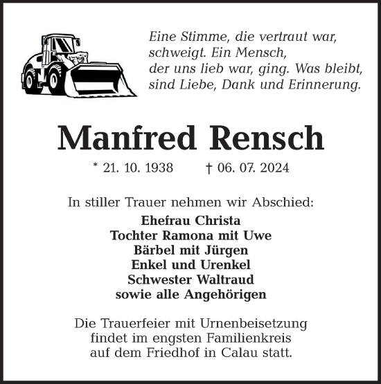Traueranzeige von Manfred Rensch von Lausitzer Rundschau