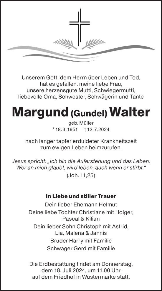 Traueranzeige von Margund Walter von Lausitzer Rundschau