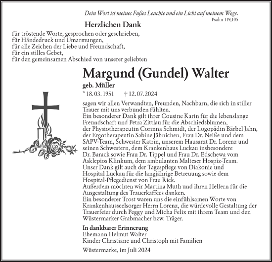 Traueranzeige von Margund Walter von Lausitzer Rundschau