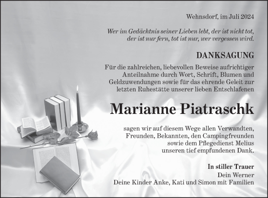 Traueranzeige von Marianne Piatraschk von Lausitzer Rundschau