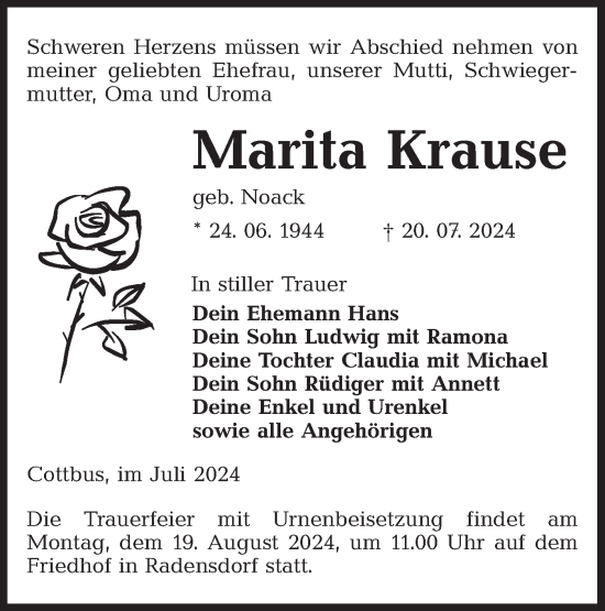 Traueranzeige von Marita Krause von Lausitzer Rundschau