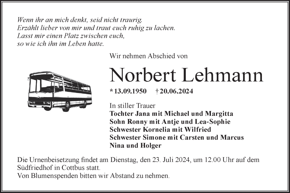  Traueranzeige für Norbert Lehmann vom 13.07.2024 aus Lausitzer Rundschau