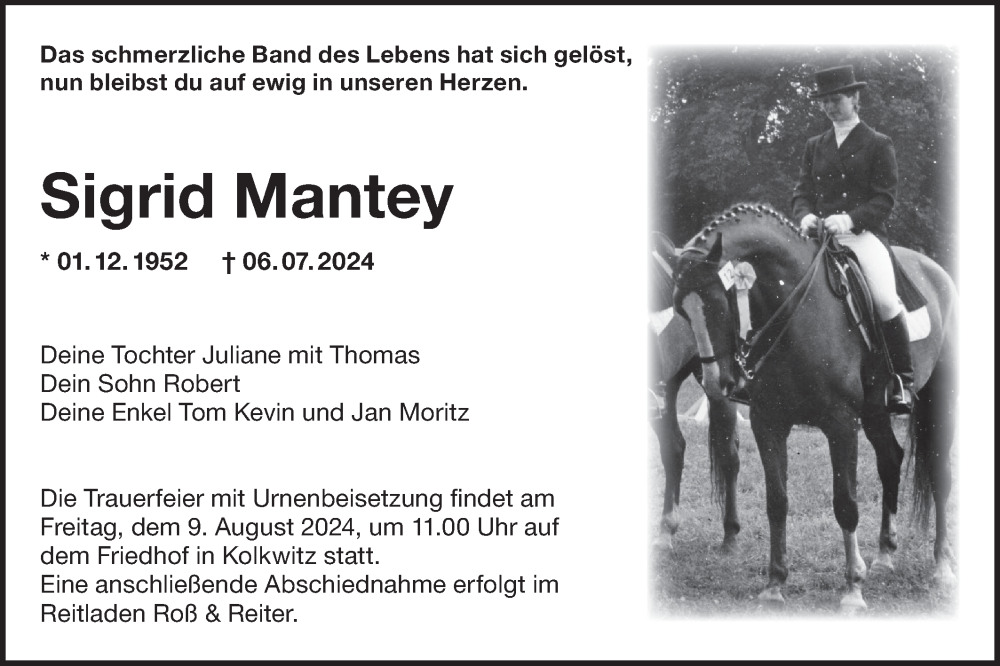  Traueranzeige für Sigrid Mantey vom 20.07.2024 aus Lausitzer Rundschau