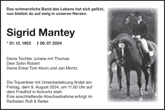 Traueranzeige von Sigrid Mantey von Lausitzer Rundschau