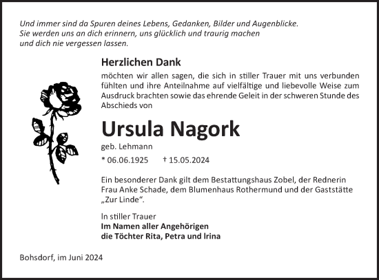 Traueranzeige von Ursula Nagork von Lausitzer Rundschau