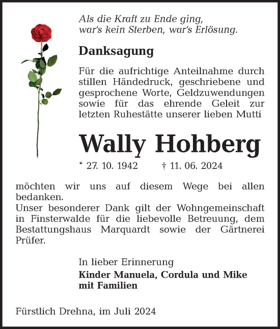 Traueranzeige von Wally Hohberg von Lausitzer Rundschau