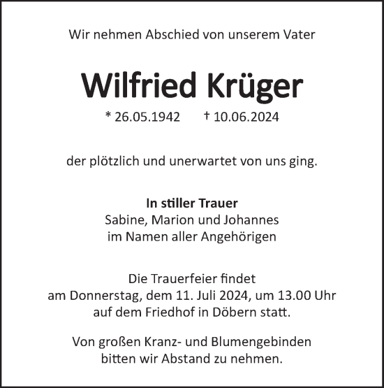 Traueranzeige von Wilfried Krüger von Lausitzer Rundschau