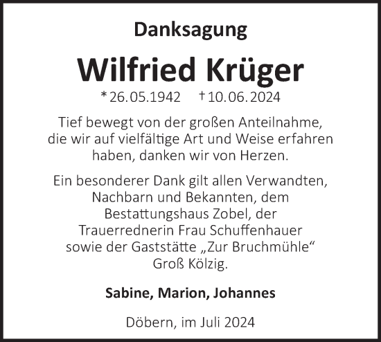Traueranzeige von Wilfried Krüger von Lausitzer Rundschau