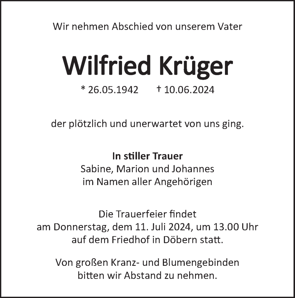  Traueranzeige für Wilfried Krüger vom 06.07.2024 aus Lausitzer Rundschau