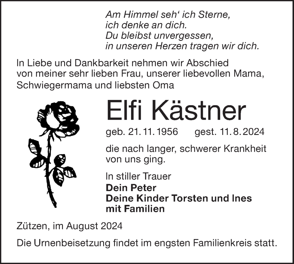  Traueranzeige für Elfi Kästner vom 24.08.2024 aus Lausitzer Rundschau