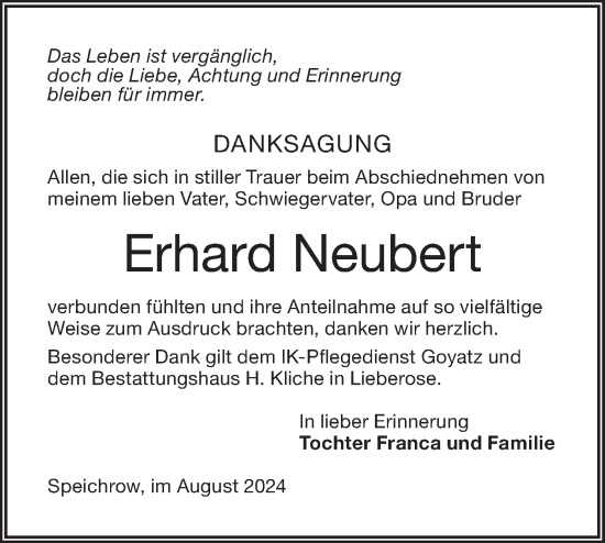 Traueranzeige von Erhard Neubert von Lausitzer Rundschau