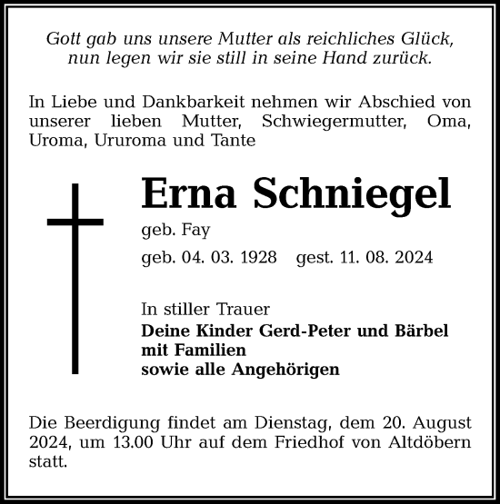Traueranzeige von Erna Schniegel von Lausitzer Rundschau