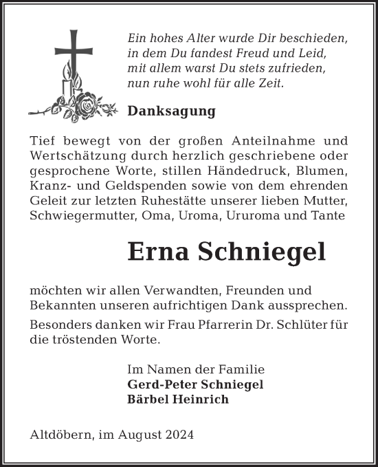 Traueranzeige von Erna Schniegel von Lausitzer Rundschau