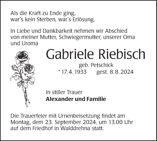 Traueranzeige von Gabriele Riebisch von Lausitzer Rundschau