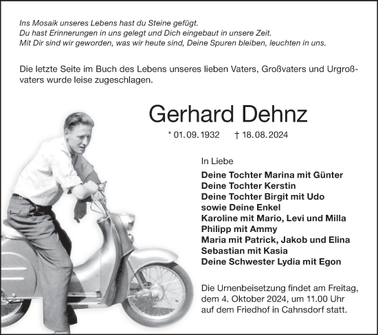 Traueranzeige von Gerhard Dehnz von Lausitzer Rundschau