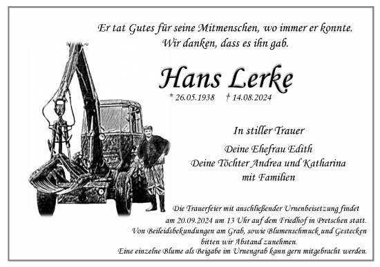 Traueranzeige von Hans Lerke von Lausitzer Rundschau