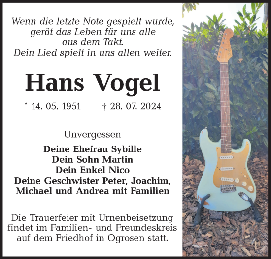 Traueranzeige von Hans Vogel von Lausitzer Rundschau
