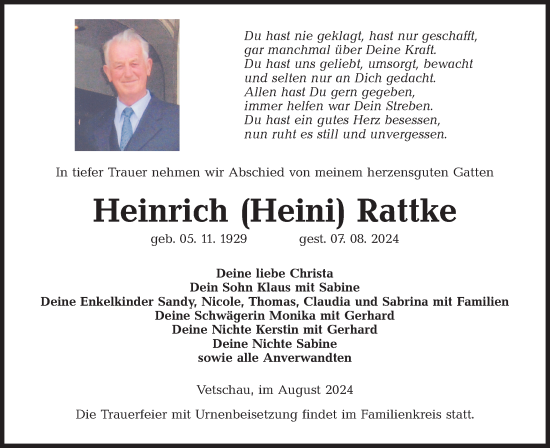 Traueranzeige von Heinrich Rattke von Lausitzer Rundschau