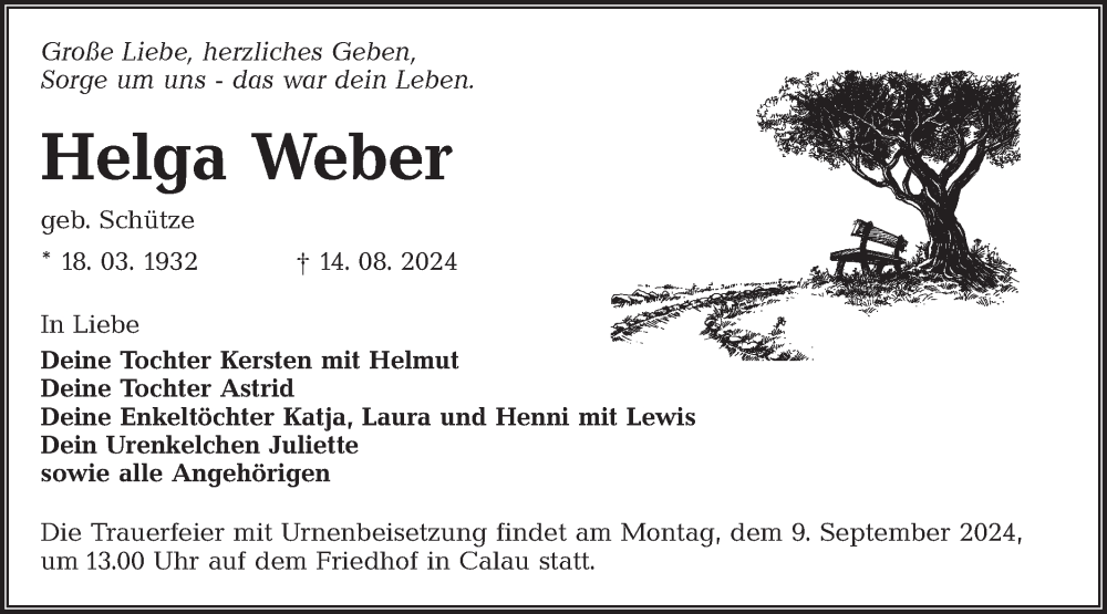  Traueranzeige für Helga Weber vom 23.08.2024 aus Lausitzer Rundschau
